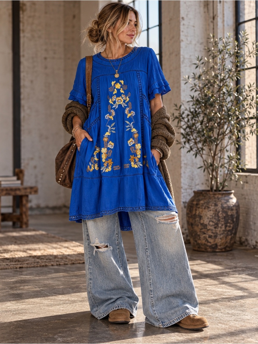 boho embroidered floral peasant shift blue lined dress medium by brass & roe
